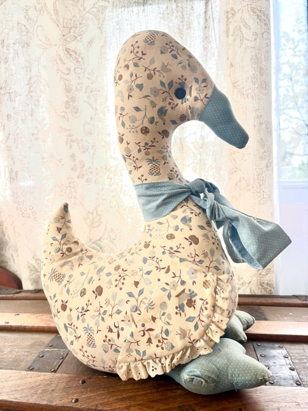 Handmade Floral Fabric Duck Plush with Blue Bow